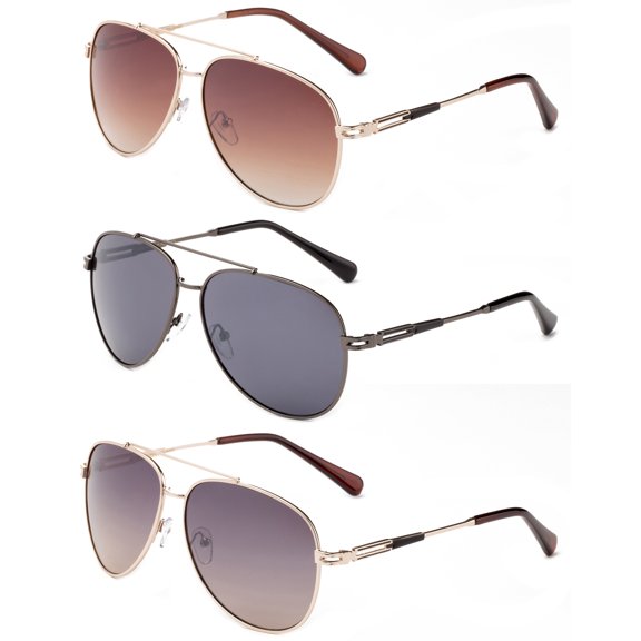 3 Pack Metal Rim Aviator Classic Sunglasses for Men for Women, Gunmetal, Brown & Gold Smoke