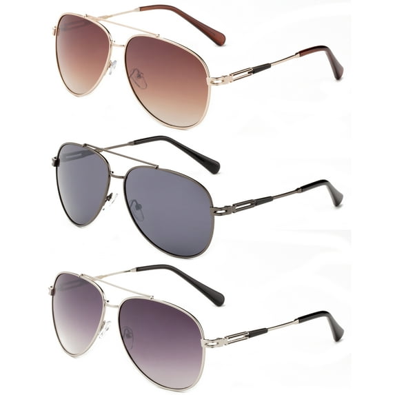 3 Pack Metal Rim Aviator Classic Sunglasses for Men for Women, Gunmetal, Brown & Silver