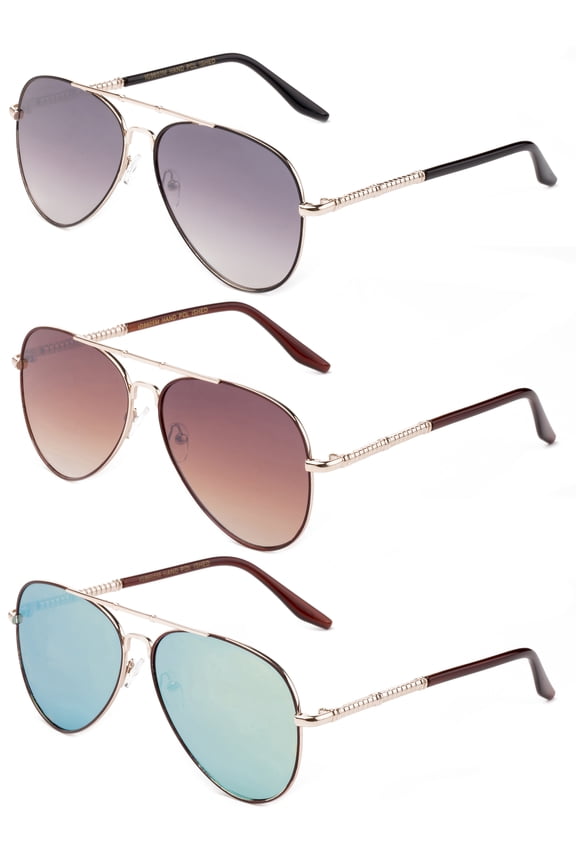 3 Pack Metal Rim Aviator Sunglasses for Men for Women, Black, Brown & Yelllow