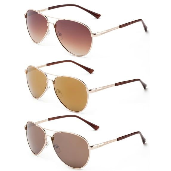 3 Pack Metal Rim Aviator Sunglasses for Men for Women, Dark Brown, Brown & Gold Mirror