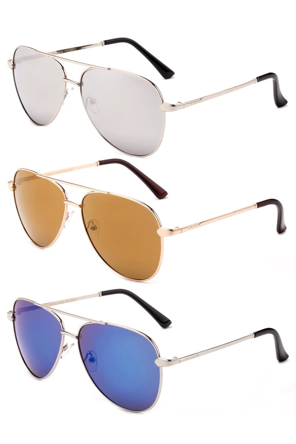 3 Pack Metal Rim Aviator Sunglasses for Men for Women, Flash Mirror Lens UV400, , Blue, Mirror & Brown