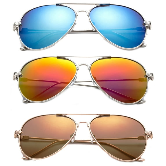 3 Pack Metal Rim Aviator Sunglasses for Men for Women, Flash Mirror Lens UV400, Full Metal Temple, Blue, Orange & Gold