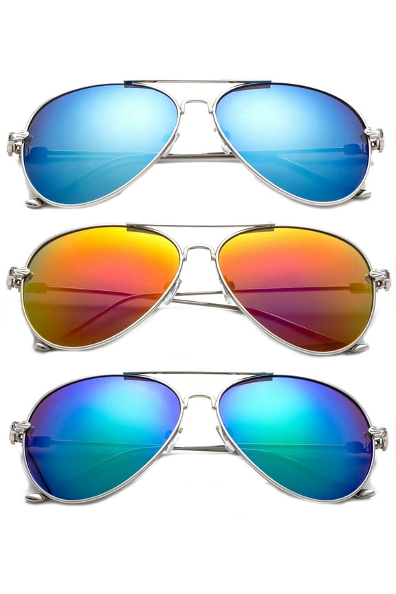 3 Pack Metal Rim Aviator Sunglasses for Men for Women, Flash Mirror Lens UV400, Full Metal Temple, Blue, Orange & Green