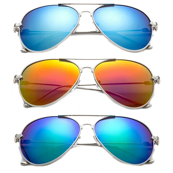 3 Pack Metal Rim Aviator Sunglasses for Men for Women, Flash Mirror Lens UV400, Full Metal Temple, Blue, Orange & Green