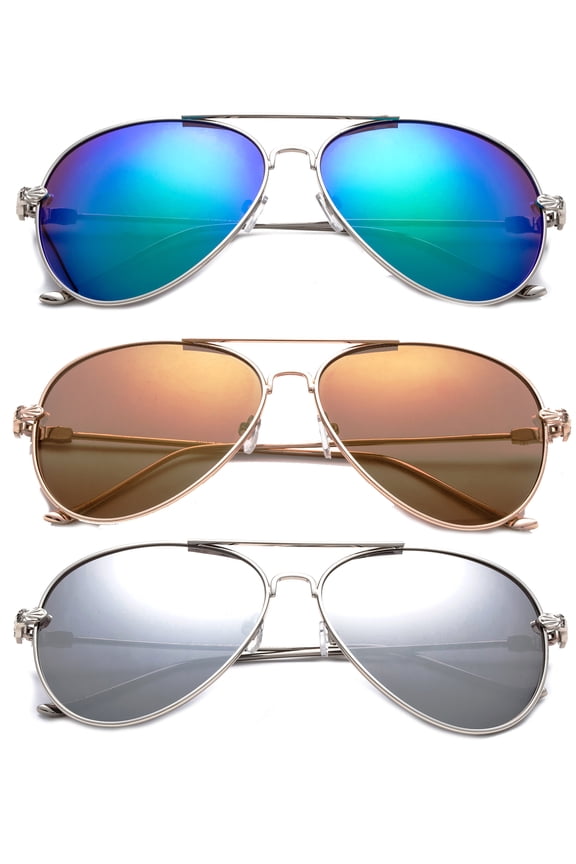 3 Pack Metal Rim Aviator Sunglasses for Men for Women, Flash Mirror Lens UV400, Full Metal Temple, Green, Gold & Mirror