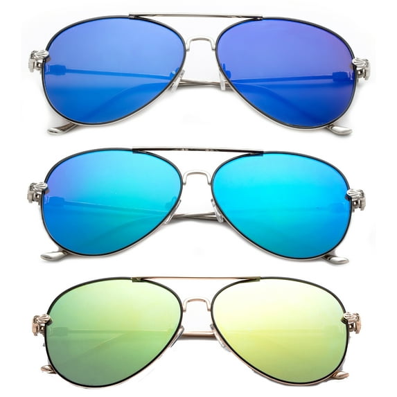 3 Pack Metal Rim Aviator Sunglasses for Men for Women, Flat Lens UV400, Full Metal Temple, Blue, Green & Yellow
