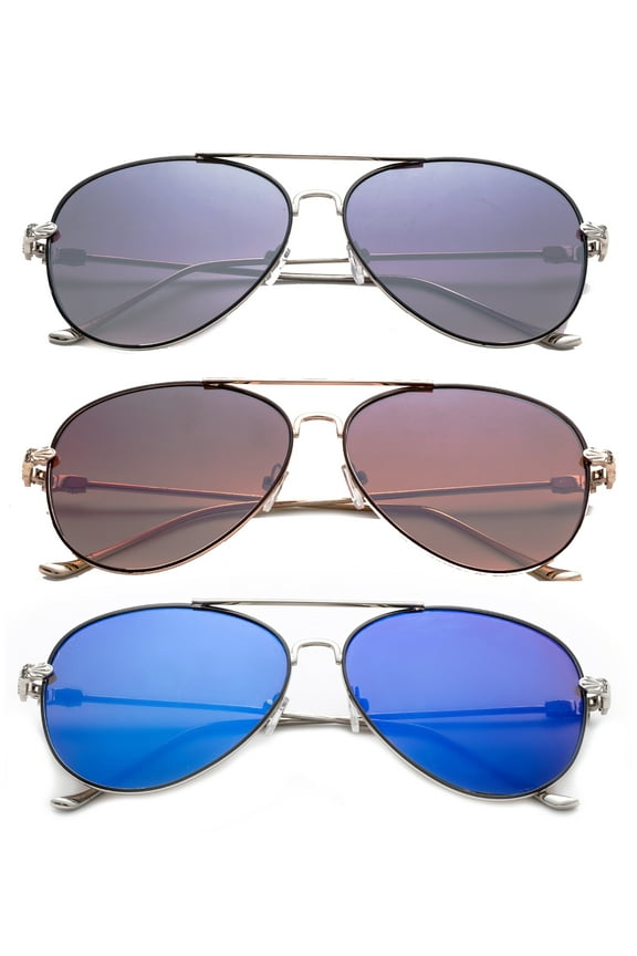 3 Pack Metal Rim Aviator Sunglasses for Men for Women, Flat Lens UV400, Full Metal Temple, Smoke, Brown & Blue