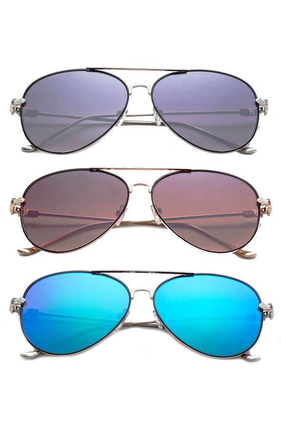 3 Pack Metal Rim Aviator Sunglasses for Men for Women, Flat Lens UV400, Full Metal Temple, Smoke, Brown & Green