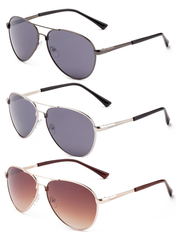 3 Pack Metal Rim Aviator Sunglasses for Men for Women, Gunmetal, Silver & Brown