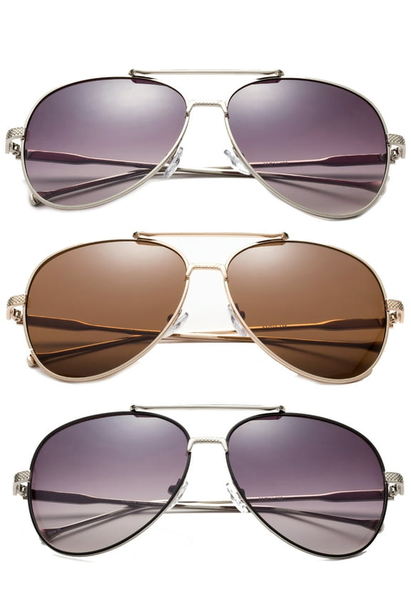 3 Pack Metal Rim Classic Aviator Sunglasses for Men for Women, Black Silver & Silver & Brown