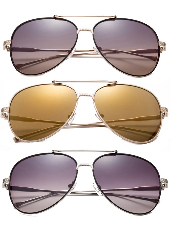 3 Pack Metal Rim Classic Aviator Sunglasses for Men for Women, Gold Black, Gold Mirror & Black Silver