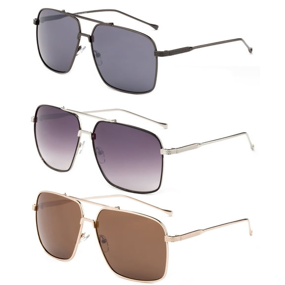 3 Pack Metal Rim Square Aviator Sunglasses for Men for Women, Gunmetal, Sliver Black & Dark Brown