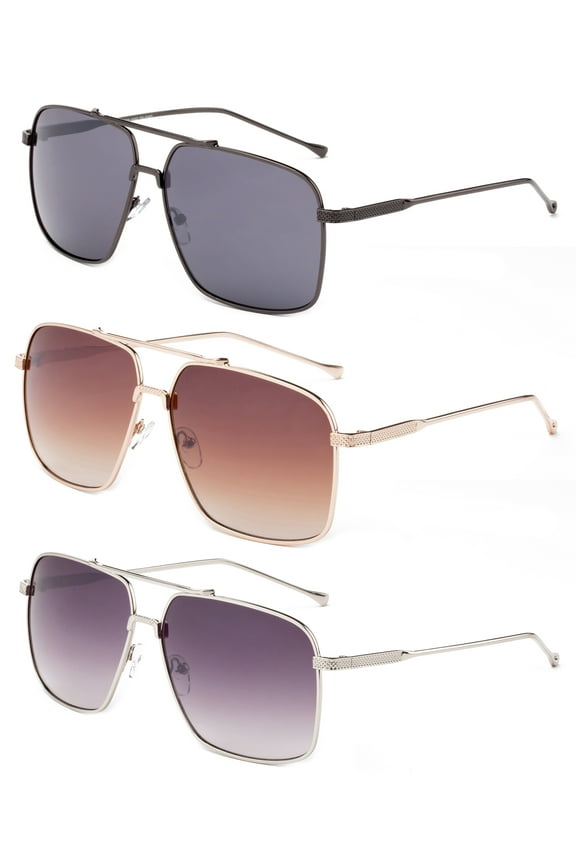 3 Pack Metal Rim Square Aviator Sunglasses for Men for Women, Gunmetal, Sliver & Brown