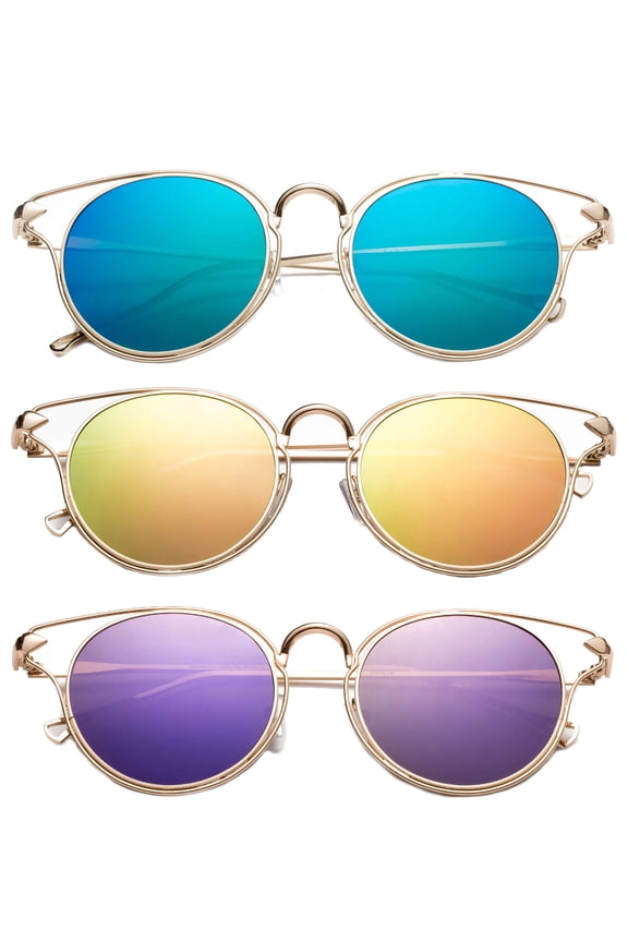 3 Pack Metal Round Frame with EyeBow Fashion Sunglasses for Women, Flashi Mirror Lens , Green, Pink & Purple