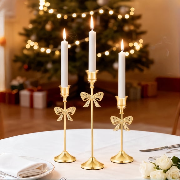 3 Pack Metal Taper Candle Holders, Vintage Gold Candlestick Holder with Bowknot, Indoor Candle Holder Set for Home Table Christmas Decor，Golden Color
