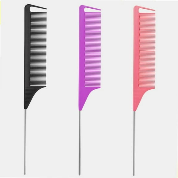 3 Pack Metal Teasing Comb, Professional Rat Tail Comb with Long Steel Pin for Hair Sectioning & Volumizing Styling, for Salon & Home (Purple, Black, Pink)