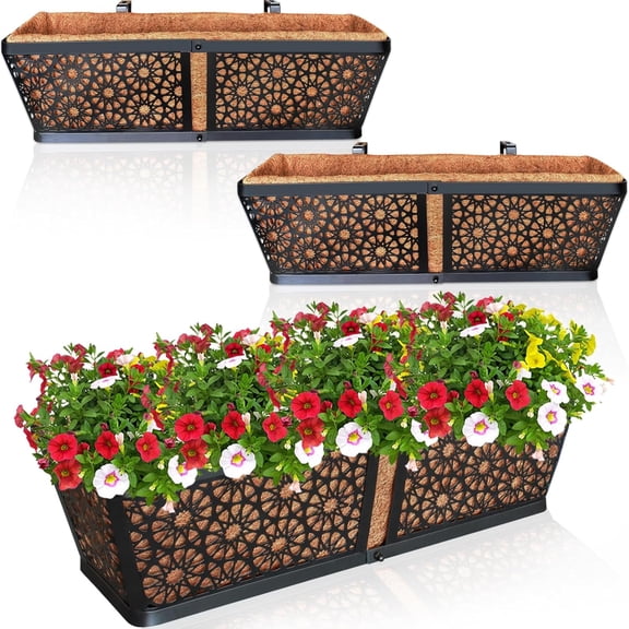 3 Pack Metal Window Box for Railings, 24 Inch Over Railing Planter Boxes with Coco Liners, Hanging Flower Box Planters for Outdoor Fence Deck Porch Balcony & Patio