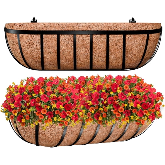 3 Pack Metal Window Box for Railings, Over Railing Planter Boxes with Coco Liners, Hanging Flower Box Planters for Outdoor Fence Deck Porch Balcony & Patio