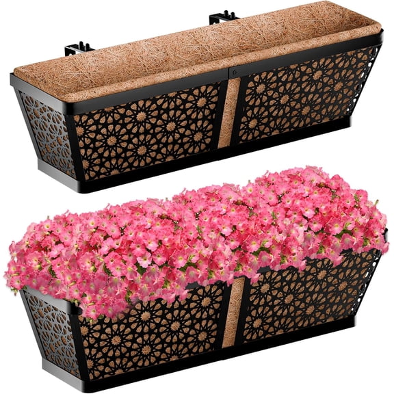 3 Pack Metal Window Box for Railings,  Over Railing Planter Boxes with Coco Liners, Hanging Flower Box Planters for Outdoor Fence Deck Porch Balcony & Patio