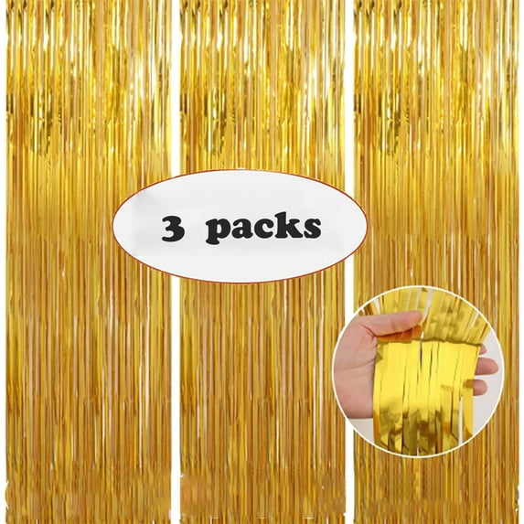 3 Pack Metallic Gold Foil Fringe Door Curtain Hanging Decoration for Wedding Birthday Prom Mardi Gras Graduation Party Decorations