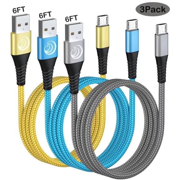 3 Pack Micro USB Cable 6 ft, Aioneus Android Charger Cable Nylon Braided, USB A to Micro Fast Charging Cord Compatible with Samsung Galaxy S7 S6