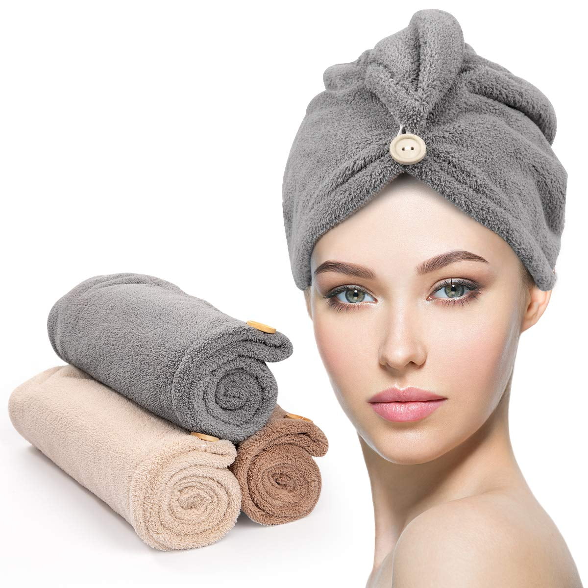 Pack Microfiber Hair Towel With Button Super Absorbent Fast Drying