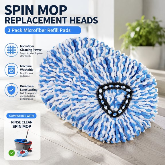3 Pack Microfiber Spin Mop Replacement Heads, Easy Clean Rinse and Spin Mop Refills for Efficient Floor Cleaning