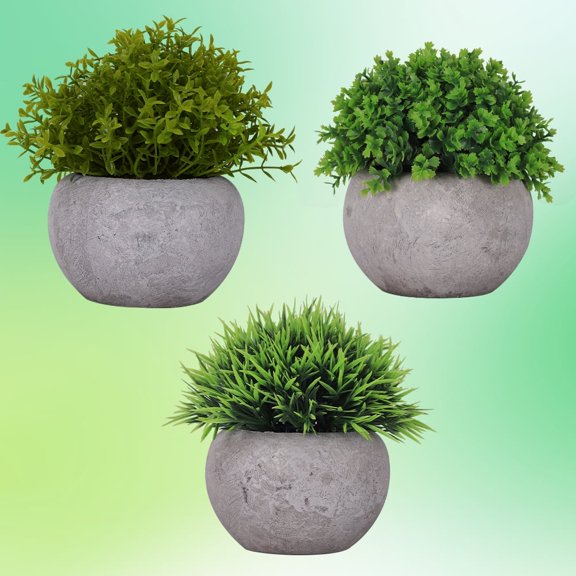 3-Pack Mini Artificial Plants in Cement Pots - 6in Small Fake Greenery for Desk Decor, Home & Office