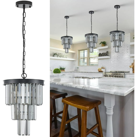 3 Pack Mini Crystal Pendant Light, Mini Smoke Gray K9 Crystal Chandelier Modern Pendant Light Fixture for Kitchen Island Dining Room Hallway Bedroom Closet