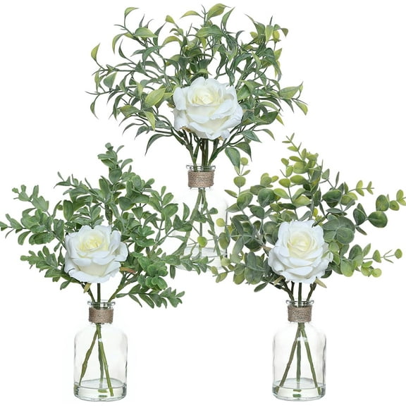3 Pack Mini Fake Plants and Artificial Flowers with Faux Water in Vase,Silk Roses and Eucalyptus with Fake Water in Glass Vase for Centerpiece Table Decorations Kitchens Office Home decor (White)