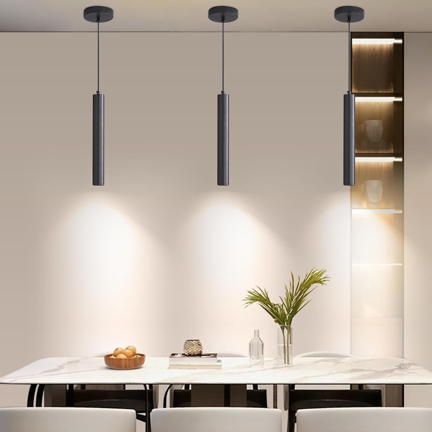 3 Pack Mini Kitchen Island Pendant Light, LED Minimalist Ceiling Hanging Light, 3 Color 3000K/4500K/6500K, Adjustable Height, Black Modern Linear Lamp Lighting for Dining Room, Bedroom, Bar