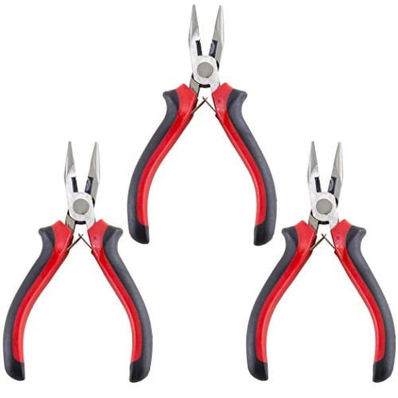 3 Pack Mini Long Nose Pliers with Serrated Jaws and Side Cutter, Cushion Grip Handle, 4.75 Inch Overall Length
