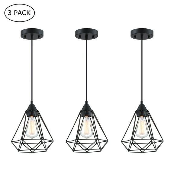 3-Pack Mini Pendant Lighting for Kitchen Industrial Ceiling Mount Hanging Light Fixtures with Black Metal Cage Shade for Dining Room, Hallway, Restaurant, Bar