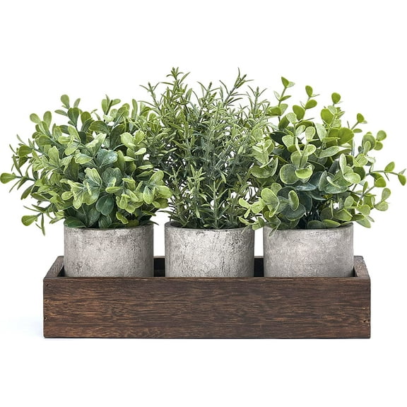3 Pack Mini Potted Artificial Euc Fake Plants with Wood Tray Centerpiece Table Decorations, Farmhouse Pulp Flower Pots Greenery Home Decor for Coffee Table Dining Room Office Kitchen