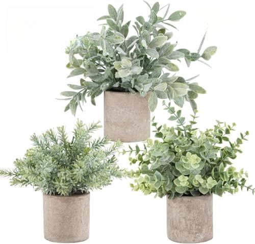 3 Pack Mini Potted Fake Plants Artificial Plastic Eucalyptus Plants Topiaries for Home Office Desk Farmhouse Shelf Room Bathroom Decor(Sage Green)