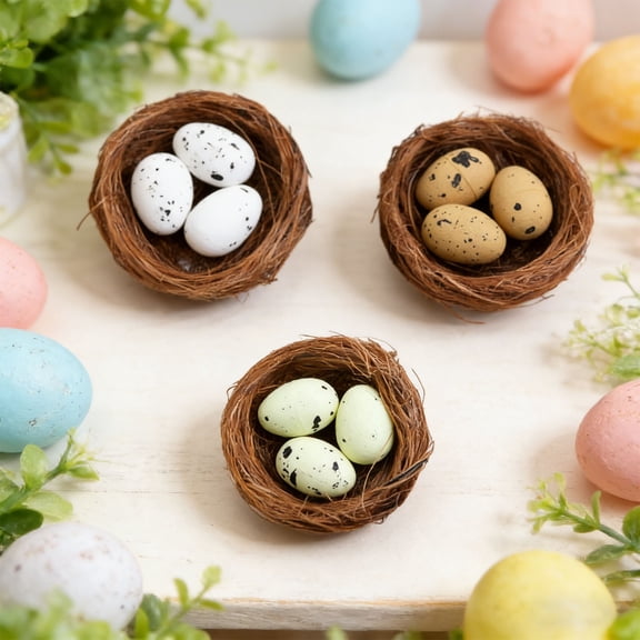 3 Pack Mini Speckled Easter Eggs with Faux Nests for DIY Wreaths and Spring Crafts, Foam Eggs Bulk for Easter Crafts, Bowl and Vase Filler Photo Prop
