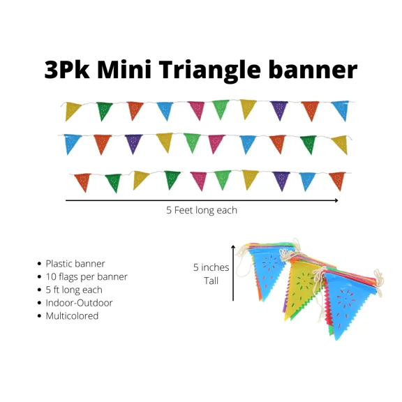 3 Pack Mini Triangle Flags Banner Multicolor, 10 Flags Per Banner, 5Ft Long Each