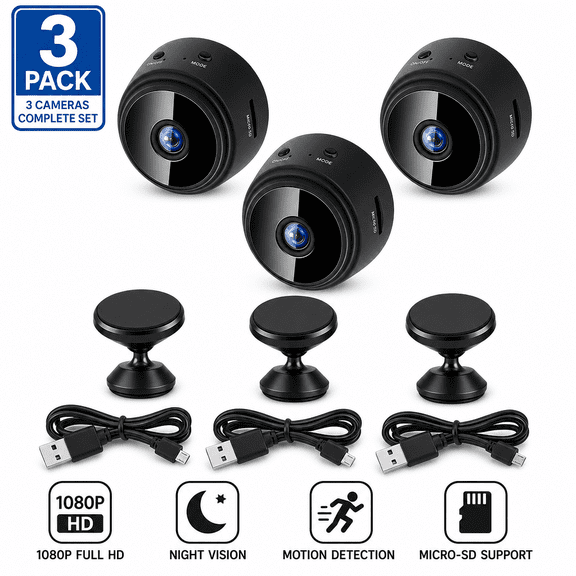 3-Pack Mini Wireless WiFi Security Cameras (1080P Full HD), Magnetic Indoor Small Nanny Cam Surveillance Cameras with Night Vision & Motion Detection
