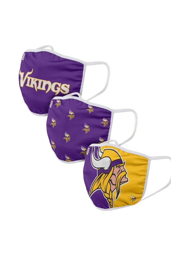 3 Pack Minnesota Vikings Officially Licensed NFL Washable Resuable Face Mask Cover By FOCO