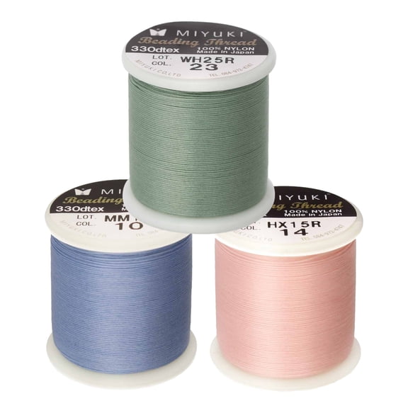 3 Pack - Miyuki Nylon Beading Thread Size #B, 330 DTEX, 50 Meters per Spool (54.6 Yards), Lt Pink, Mint & Lt Blue
