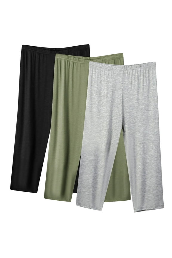 3 Pack Modal Cotton Capris Womens Pajama Capri Pants Plus Size Elastic Soft Sleep Pjs Bottoms Cropped Pjs, Black/Green/Gray 3XL