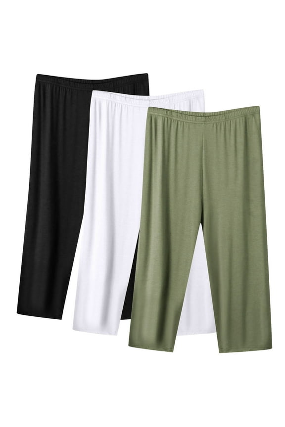 3 Pack Modal Cotton Capris Womens Pajama Capri Pants Plus Size Elastic Soft Sleep Pjs Bottoms Cropped Pjs, Black/White/Green 3XL
