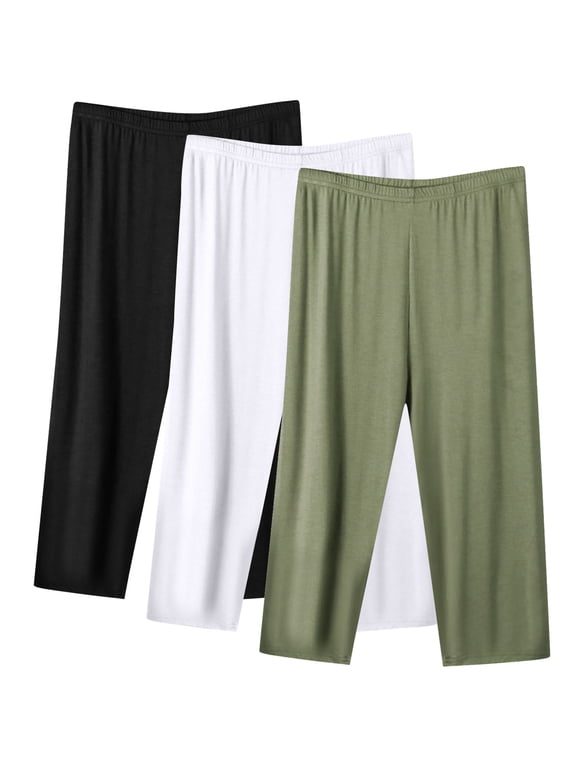 3 Pack Cotton Capris Womens Pajama Capri Pants Plus Size Elastic Soft Sleep Pjs Bottoms Cropped Pjs, Black/White/Green 5XL