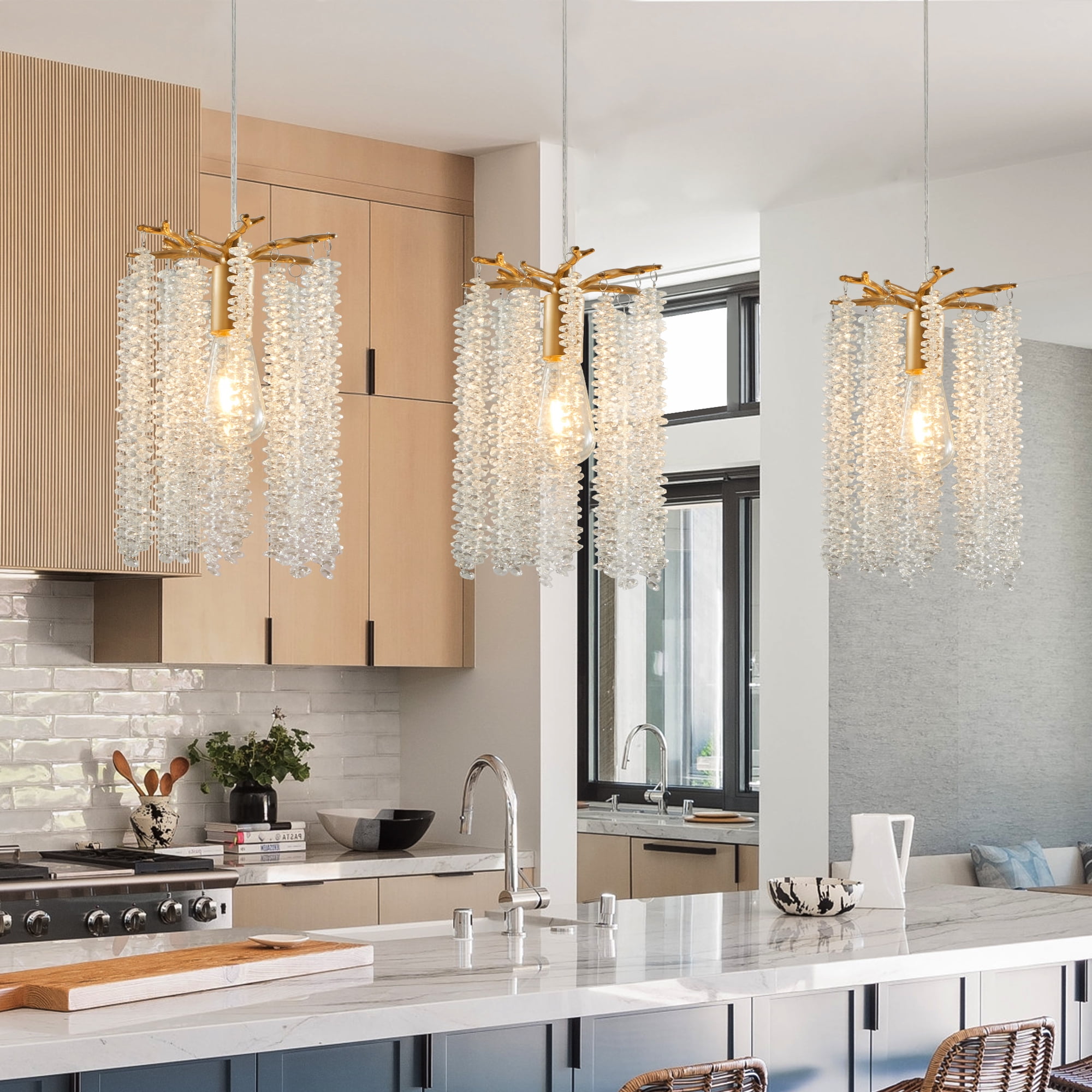 3-Light Gold Crystal Pendant Set – Modern Mini Chandelier For Kitchen Island, Dining, Living Room
