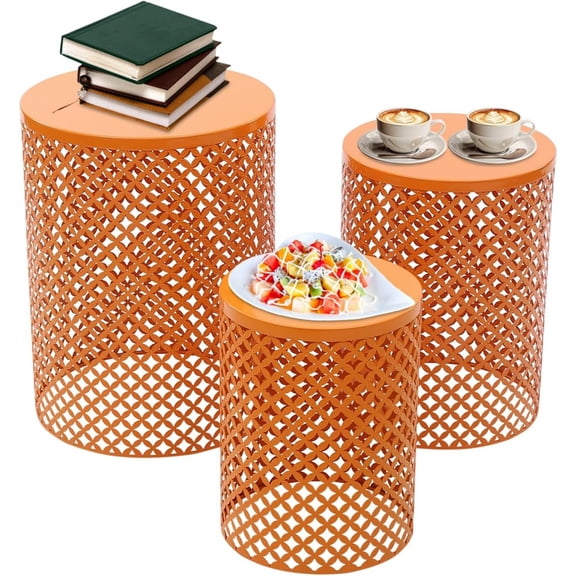 3-Pack Modern Metal Cylindrical Side Table for Outdoor & Indoor Use, Accent End Table Set for Garden Patio Deck Poolside, Iron Nesting Tables with Openwork Floral Pattern, 14.57x19.29in (Orange)