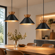 3 Pack Modern Pendant Lights Kitchen Island, Solid Wood Hanging Lamp with Matte Black Metal Shade & Gold Inner Finish, Farmhouse Pendant Light Fixtures for Dining Room, Bedroom, Living Room