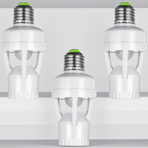 3 Pack Motion Sensor Light Socket Adapter, E26/E27 Screw-In Bulb Holder with Auto On/Off Control, White