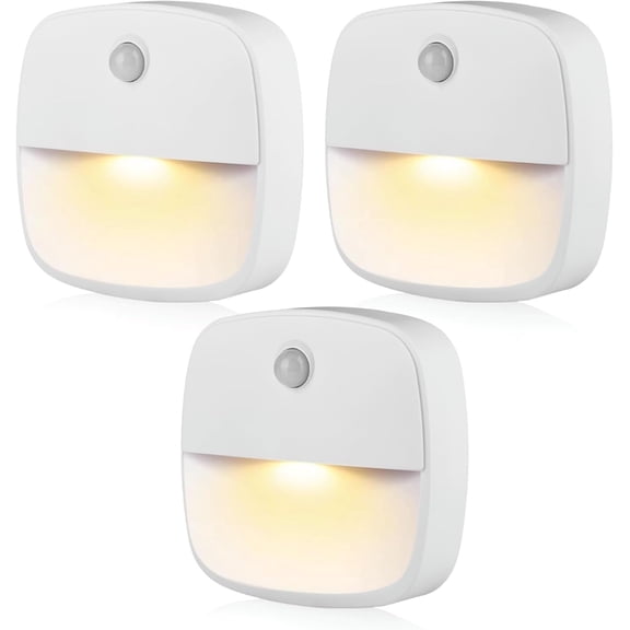 3 Pack Motion Sensor Night Light Stair Lights Motion Sensor Indoor Stick On Night Lights Warm White LED Movement Sensor Light for Walls Bedroom Cupboard Bathroom Kitchen Hallway, Battery Operated