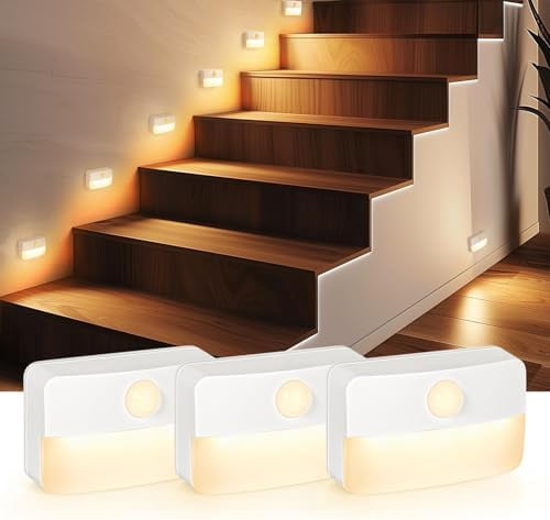 3 Pack Motion Sensor Stair Light for Indoor, Battery Operated Closet Lights, Wireless Stick on Anywhere Hallway Lamp, Portable Led Night Lamps for Bedroom Under Cabinet Kitchen