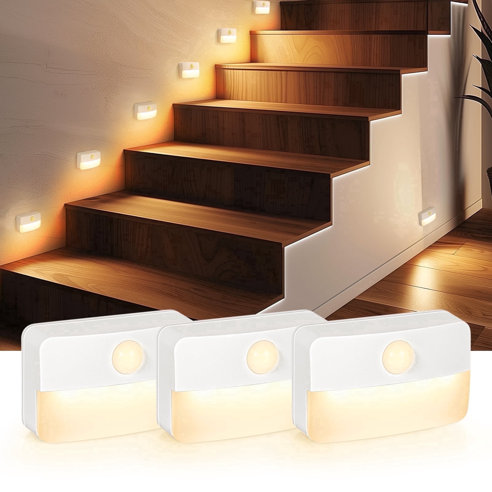 Motion Sensor Stair Lights Indoor, Battery Operated Night Lights, Warm White Stick on Anywhere LED Lamps, Portable Lighting for Hallway Bedroom Under Cabinet Kitchen, 3 Pack
